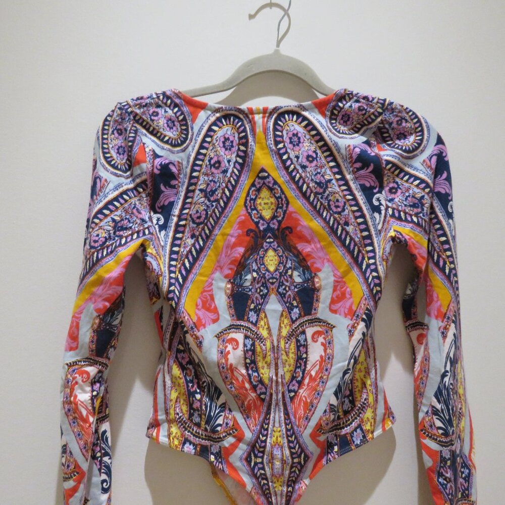 FREE PEOPLE Pick A Place Lace Up Paisley Bodysuit Stretch Boho Multicolor XS - Picture 11 of 15